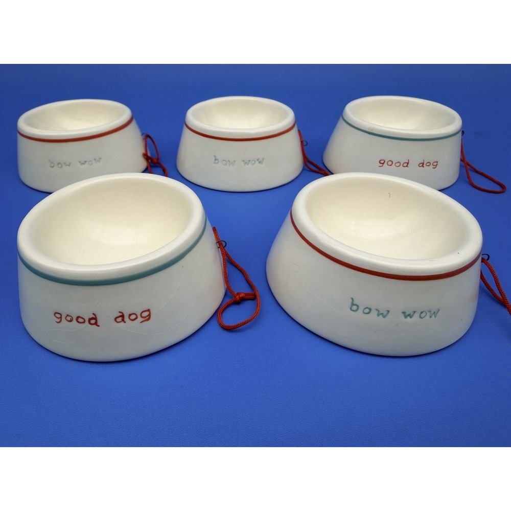 Dog Lover Christmas Ornaments Set 5 Ceramic Dog Bowls Bow Wow Good Dog